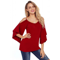 Burgundy Layered Sleeves Ruffled Off Shoulder Blouse