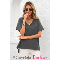 Gray V Neck Short Sleeves Cotton Blend Tee with Front Pocket and Side Slits