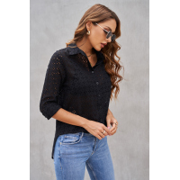 Black Long Sleeve Eyelet Floral Pattern Hollow-out Shirt