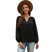 Black V Neck Lantern Sleeve Textured Solid Top