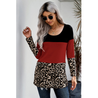 Red Colorblock Leopard Triple Patchwork Long Sleeve Top