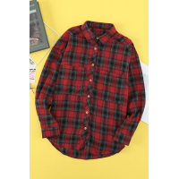 Red Cotton Blend Plaid Buttoned Shirt with Bust Pockets