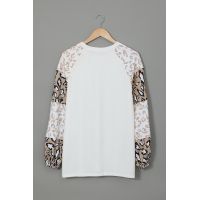 Beige Leopard Print Bubble Sleeve Top