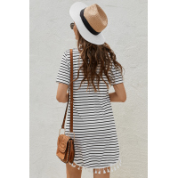 Crew Neck Striped T-shirt Mini Dress with Tassel