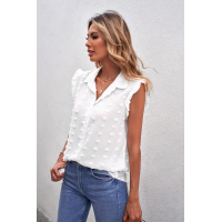 White Turn-down Collar Ruffle Polka Dot Tank