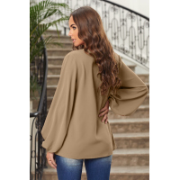 Khaki Lace V Neck Balloon Sleeves Top