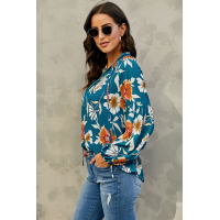 Blue Hues Of Autumn Floral Lantern Sleeve Blouse