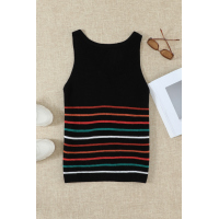 Black V Neck Striped Pattern Knit Tank Top with Buttons