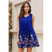 Blue Crew Neck A-Line Daily Beach Floral Dress