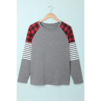 Gray Buffalo Plaid & Stripe Splicing Long Sleeve Top