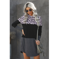 Leopard Color Block Splicing Long Sleeve Cotton Mini Dress