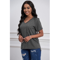 Gray V Neck Short Sleeves Cotton Blend Tee with Front Pocket and Side Slits