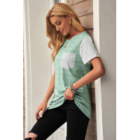 Green Striped Short Sleeve Contrast Color T-Shirt with Pocket