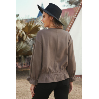 Khaki Corduroy Ruffle Frilled Long Sleeve Top