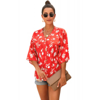 Red Floral Button Up Top