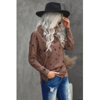 Khaki Round Neck Star Print Long Sleeve Top