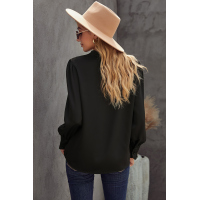 Black Frilled V Neckline Buttoned French Shirt