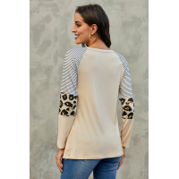 Khaki Striped and Leopard Color Block Sleeves Top