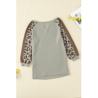 Mocha Leopard Print Waffle Knit Long Sleeve Top