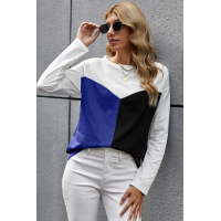 Blue Color Block Splicing O-Neck Blouse