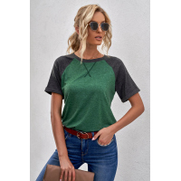 Green Raglan Sleeve Patchwork Colorblock Tee