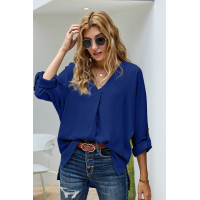 Royal Blue V Neck 3/4 Sleeve High Low Hem Shirt