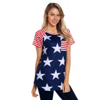 Striped Short Sleeves Red Navy American Flag T-shirt