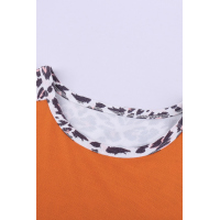 Orange Leopard Splicing Long Sleeve Top with Button Details