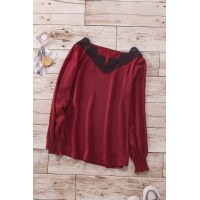 V Neck Lace Patchwork Red Blouse