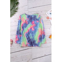 Blue Tie-dye V Neck Long Sleeves Top