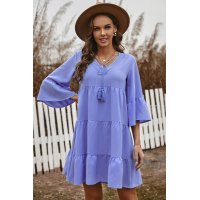 Sky Blue Cotton Tiered Babydoll Tunic Dress