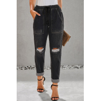 Black Gather Round Distressed Pocketed Denim Jogger