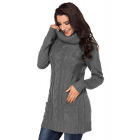 Gray Cowl Neck Cable Knit Sweater Dress