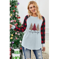 Red Plaid Splice Christmas Tree Print Long Sleeve Top