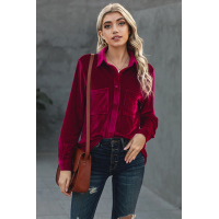 Wine Retro Velvet Pocket Long Sleeve Shirt