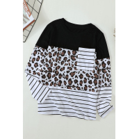 Leopard Striped Patchwork Long Sleeve Top with Pocket