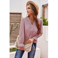 Pink Elegant V-Neck Swiss Dot Lace Blouse