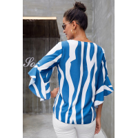 Sky Blue Vertical Stripes V Neck 3/4 Sleeve Blouse