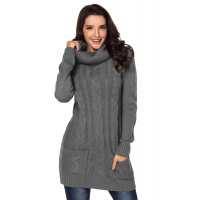 Gray Cowl Neck Cable Knit Sweater Dress