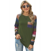 Green Color Block Striped Pocket Long Sleeve Top