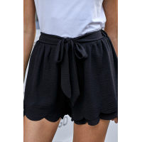 Black Scalloped Tie Front Shorts