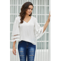 White Flare Sleeve V Neck Loose Blouse