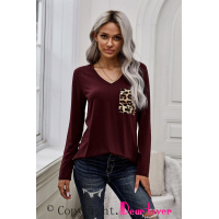 Burgundy Leopard Patch Pocket Long Sleeve Top