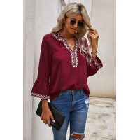 Red Boho Floral V Neck Long Sleeve Casual Top