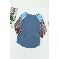 Blue Raglan Sleeve Leopard&Snakeskin Splicing Waffle Top