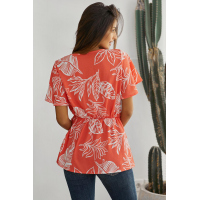 Orange Leaf Vein Floral Printed Twist Blouse