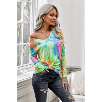 Green Tie-dye V Neck Long Sleeves Top