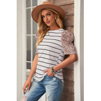 Leopard Ruffle Sleeve Striped T-shirt