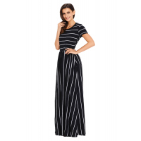 White Striped Black Short Sleeve Maxi Dress