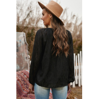 Black V Neck Lantern Sleeve Textured Solid Top